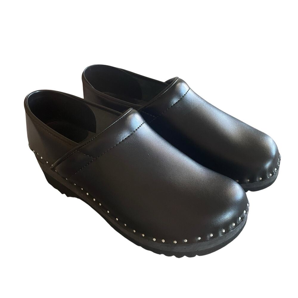 TROENTORPS Mens Size 43/9.5-10 Black Leather Silver Studded Comfort Clogs Sweden
